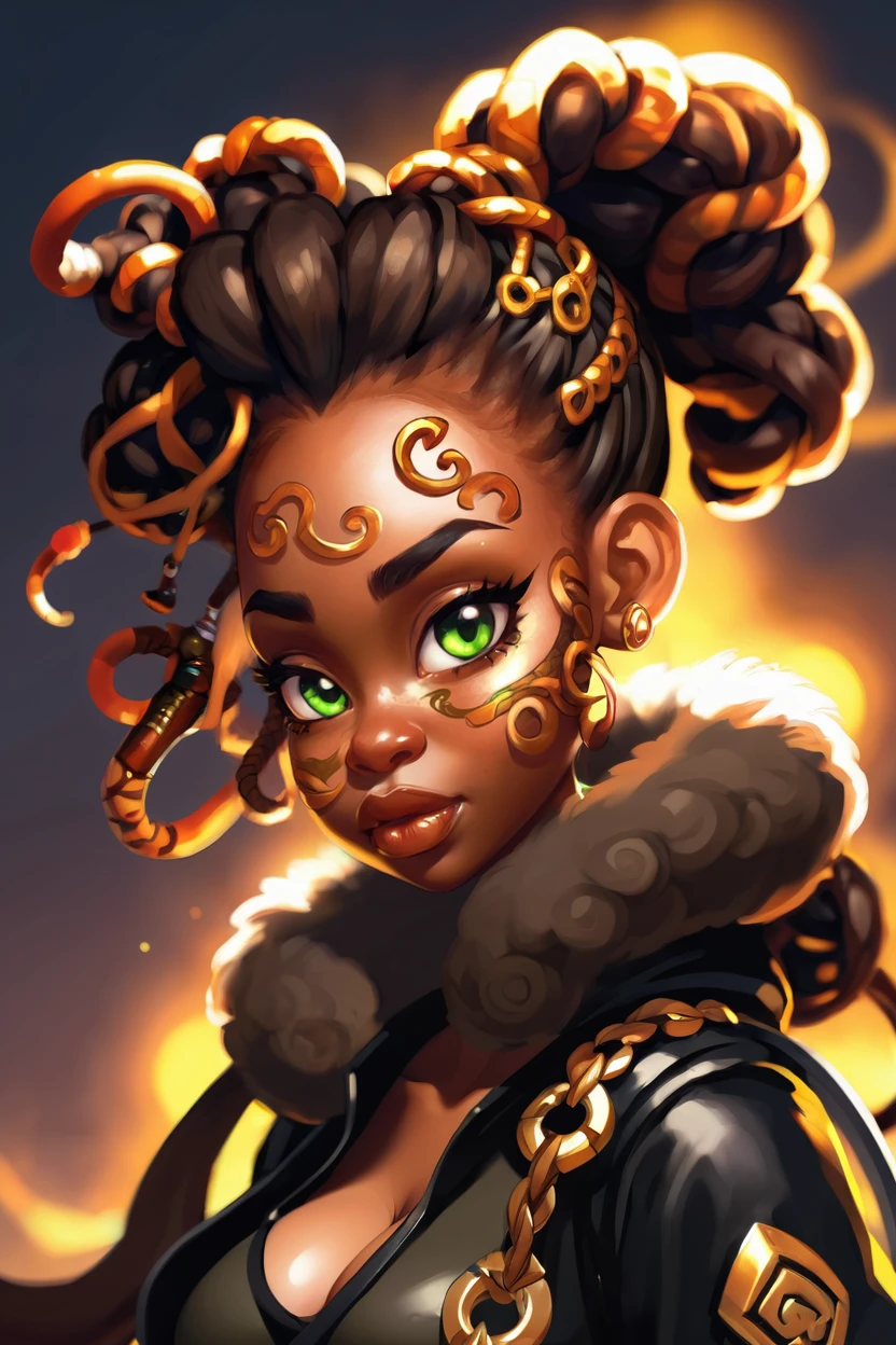 scifi, <lora:EnvySendNoodzXL01:-0.5>1girl, woman, stoic post apocalyptic celtic shamaness, (muscular:1.3), fur armor, copper hair, Space Buns,hime cutleather cloak, head tilt, with a pet Flying Snake, bombshell hair, glowing black hair, curly hair, chubby, narrow waist, small breasts, (african, dark skin:0.6)<lora:EnvyBetterHiresFixXL01:0:hr=1><lora:EnvyDigitalIllustrationXL01:1>