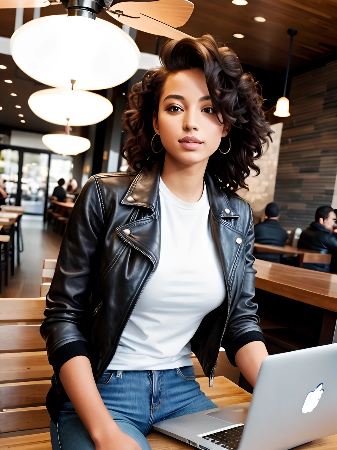 a friend sitting in a starbucks looking at her laptop. wearing jeans and a leather bomber jacket. big hair, ceiling fan