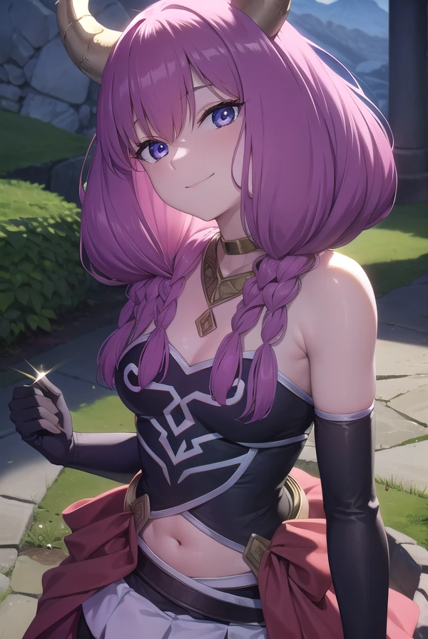 aura the guillotine, <lora:aura the guillotine v2-lora-nochekaiser:1>,
aura the guillotine, long hair, (purple eyes:1.1), purple hair, braid, horns, twin braids, smile,
BREAK skirt, thighhighs, gloves, choker, black gloves, elbow gloves, magical girl,
BREAK outdoors,
BREAK looking at viewer,
BREAK <lyco:GoodHands-beta2:1>, (masterpiece:1.2), best quality, high resolution, unity 8k wallpaper, (illustration:0.8), (beautiful detailed eyes:1.6), extremely detailed face, perfect lighting, extremely detailed CG, (perfect hands, perfect anatomy),