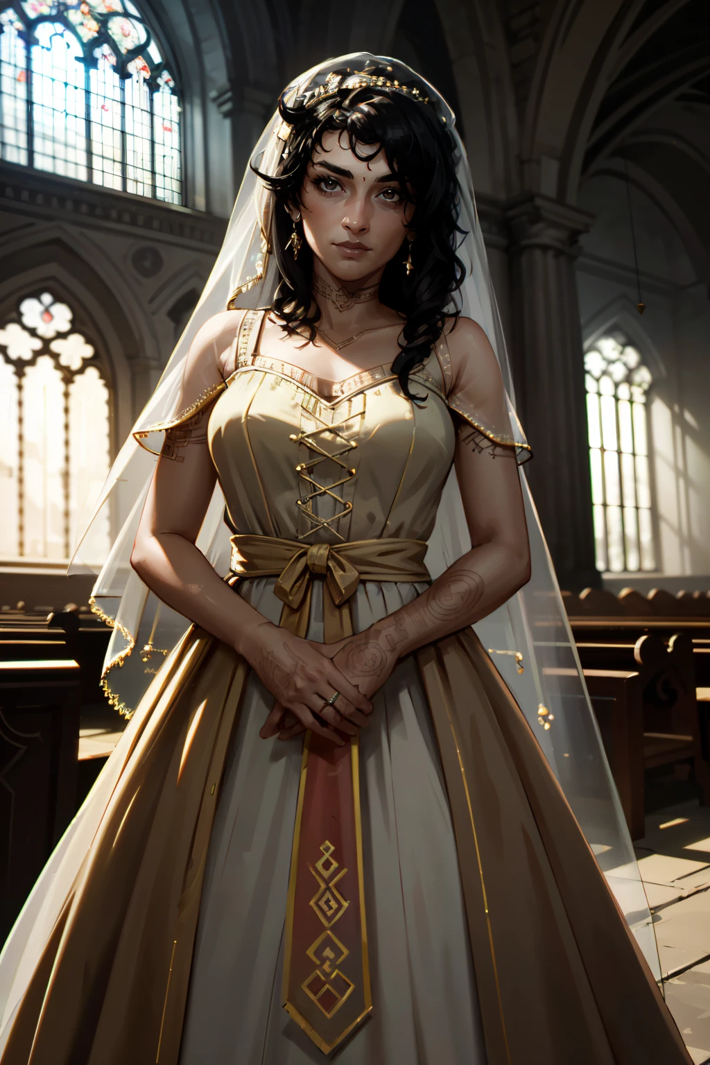 ((ultra detailed, masterpiece, absurdres))
<lora:PSophia:0.9>
PSophia, 1girl, solo, black hair, brown eyes, tattoo, dark skin, wearing a wedding dress, bridal veil, inside a church