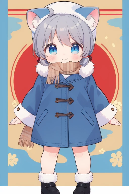 <lora:ookami_san:0.8>ãookamisan, gray hair, short twintails, short hair, blue eyes, white sleeve, blue skirt, child. flat cest, animal ears, hair bobbles,
fur hat, scarf, coat, shoes, happy, standing, looking at viewer, cowboy Shot,
masterpiece, high quality, very_high_resolution, large_filesize, full color,