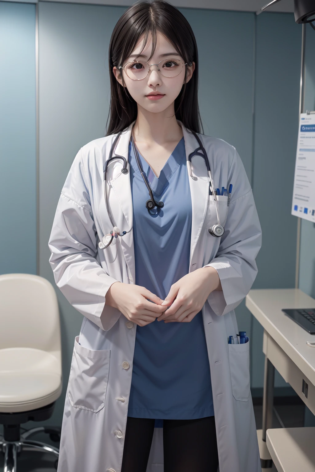 (RAW photo, best quality), masterpiece, natural lighting, 1girl,
labcoat over scrubs, hospital exam room, stethoscope, long hair, mature, eyeglasses,
<lora:LabcoatOverScrubs1_1:1>