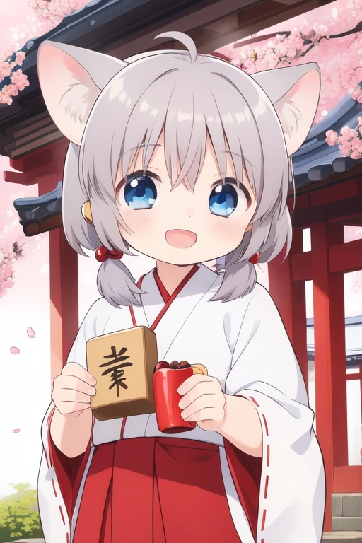 <lora:ookami_san:0.8>ãookamisan, gray hair, short twintails, short hair, blue eyes, child. flat cest, animal ears, hair bobbles, smile, happy, open mouth,
japanese white clothes, miko, red hakama, shrine, cherry blossom,
masterpiece, high quality, very_high_resolution, large_filesize, full color,