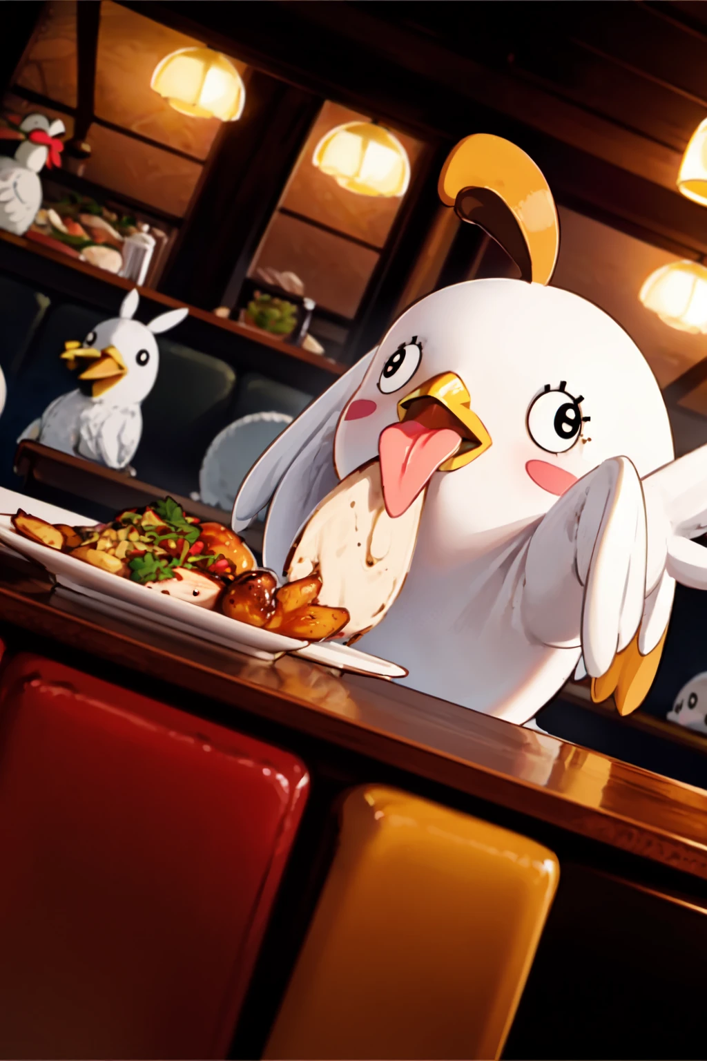 masterpiece, best quality, solo,<lora:BlueArchive_PeroroSama_v13-000070:0.9>, perorosama, open mouth, standing, tongue out, black eyes, animal focus, (white bird, duck, duck feet:1.5), yellow ahoge, wings, (no humans:1.5), blush stickers, (dynamic angle:1.5), (eating a roast chicken, dining table, restaurant:1.5)