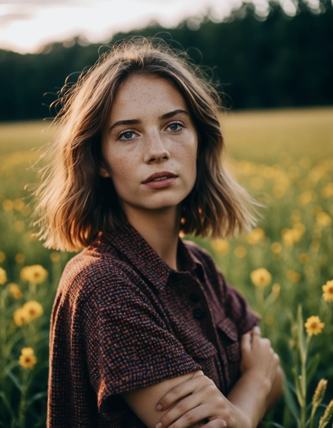 cinematic photo RAW candid cinema, ((ohwx woman)) portrait in a field, 16mm, ((remarkable color)), (ultra realistic) <lora:maya_dh128_v1-step00015000:1> . 35mm photograph, film, bokeh, professional, 4k, highly detailed