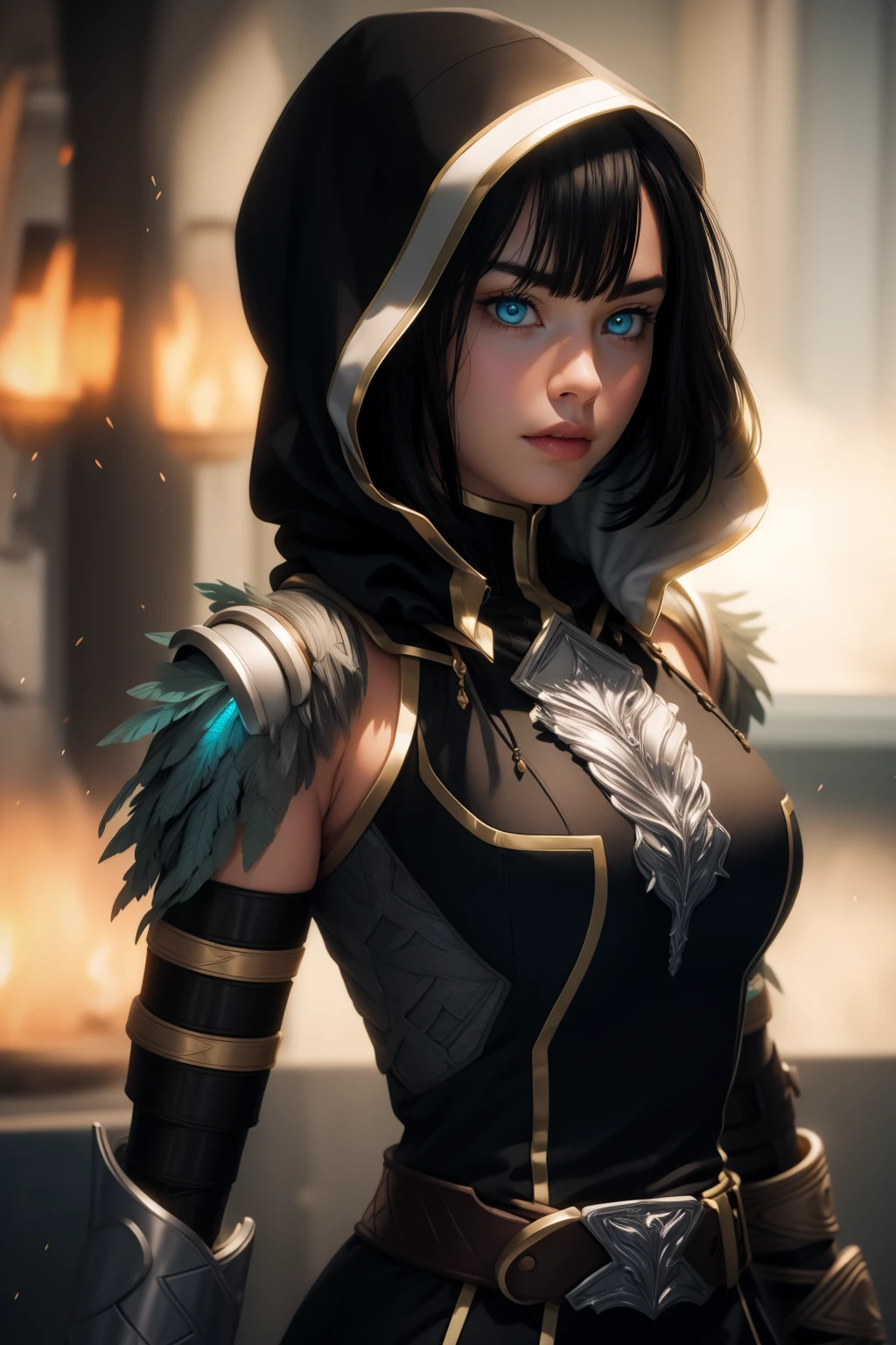 cinematic film still photogenic beautiful adult woman, best quality, high quality, high detail, 4k, 8k, standing, <lora:Char_ysIX-Aprilis:0.8> aprilis, aqua eyes,hood, armor, feathers, black shirt, black dress, belt, single mechanical arm . shallow depth of field, vignette, highly detailed, high budget, bokeh, cinemascope, moody, epic, gorgeous, film grain, grainy