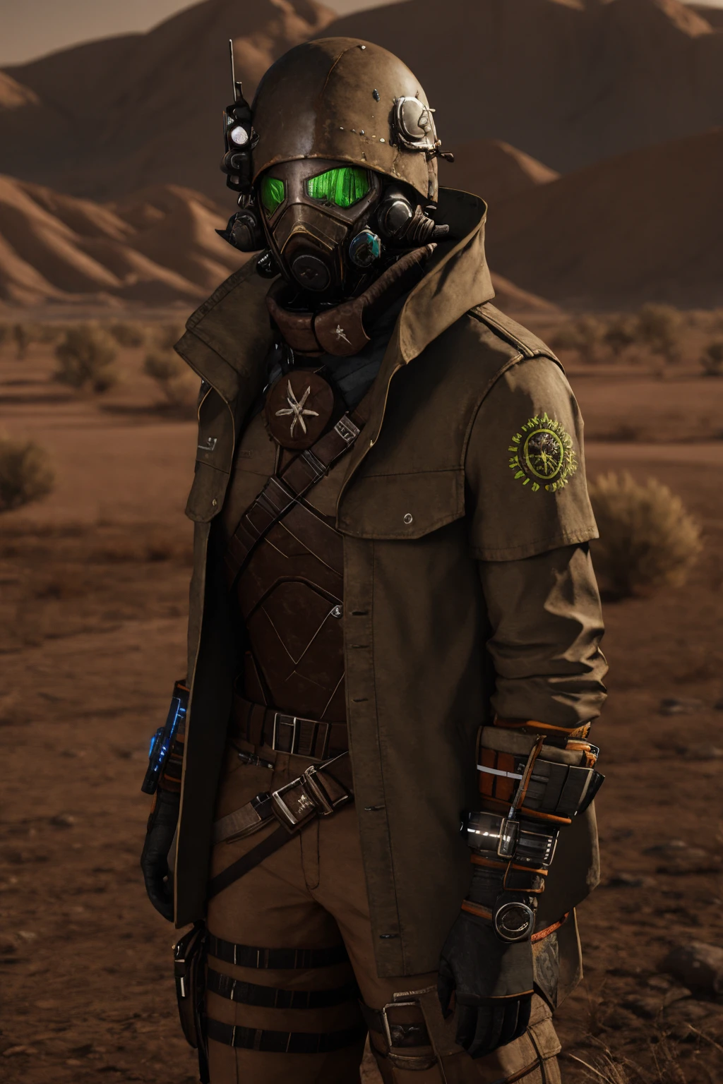 ealistic, octane render, 4k, hd, detailed, eldritch details, 1boy, solo, <lora:Desert_Ranger_-_Fallout_new_vegas-000006:1>, Desert_Ranger, front, standing, jacket,