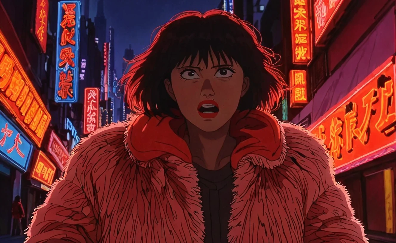 a frame of a animated film of woman prostitute on the street, wearing a fuzzy jacket, red lighting, neon lights, new tokyo, 1girl, solo, style akirafilm <lora:Akira_Film_Style_XL:1>