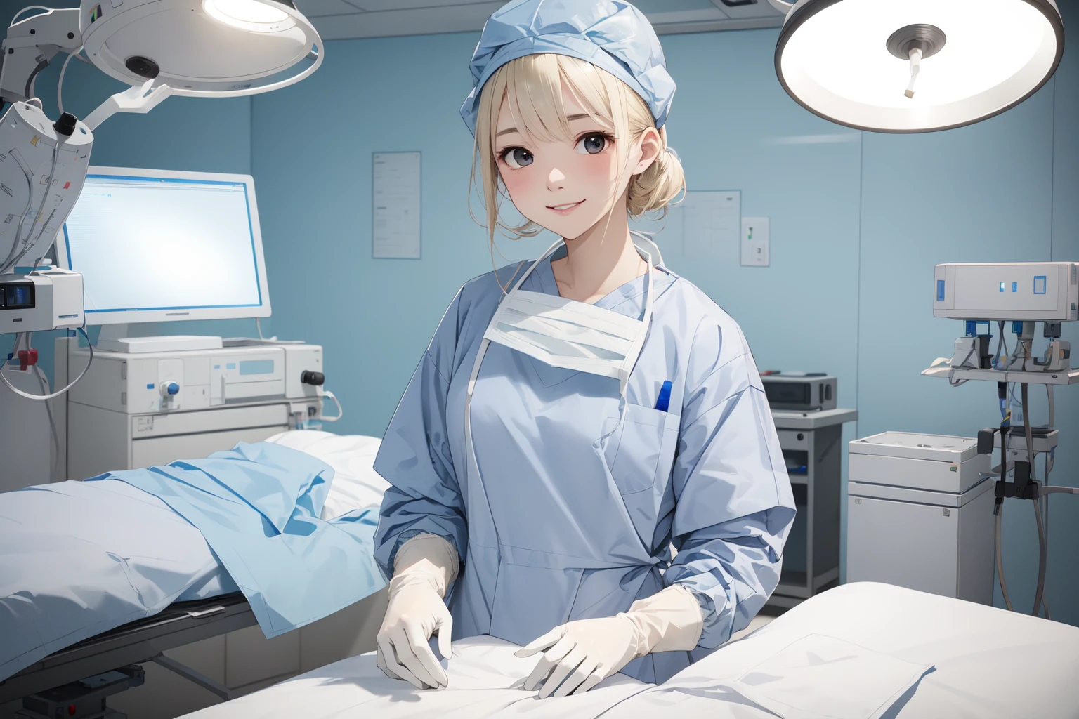 (RAW photo, best quality), 1girl, long sleeve surgical outfit, surgical gloves, surgical cap,  operating room, overhead surgical light, light smile,
 <lora:concept_surgical_mask_open_v2_1:1> surgical_mask_open, completely_undone, blonde hair,