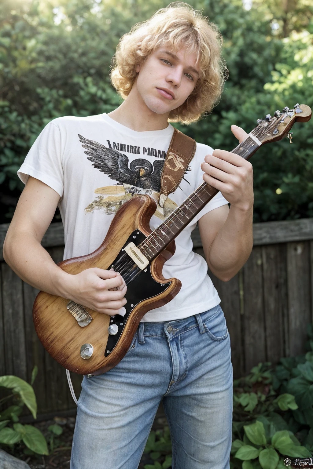 male focus, photo of wn_lndbrg <lora:owen_lindberg-07:0.85>, wearing a shirt with a vintage-style rock band graphic on the front with electric guitar, wings, flames, or a classic rock band logo and slim-fit jeans, blurred background, blurred greenery, golden hour, natural lighting, relaxed confident expression, soft diffused lighting, key light, rim light, relaxed and natural mood, wooden fence and foliage in the background