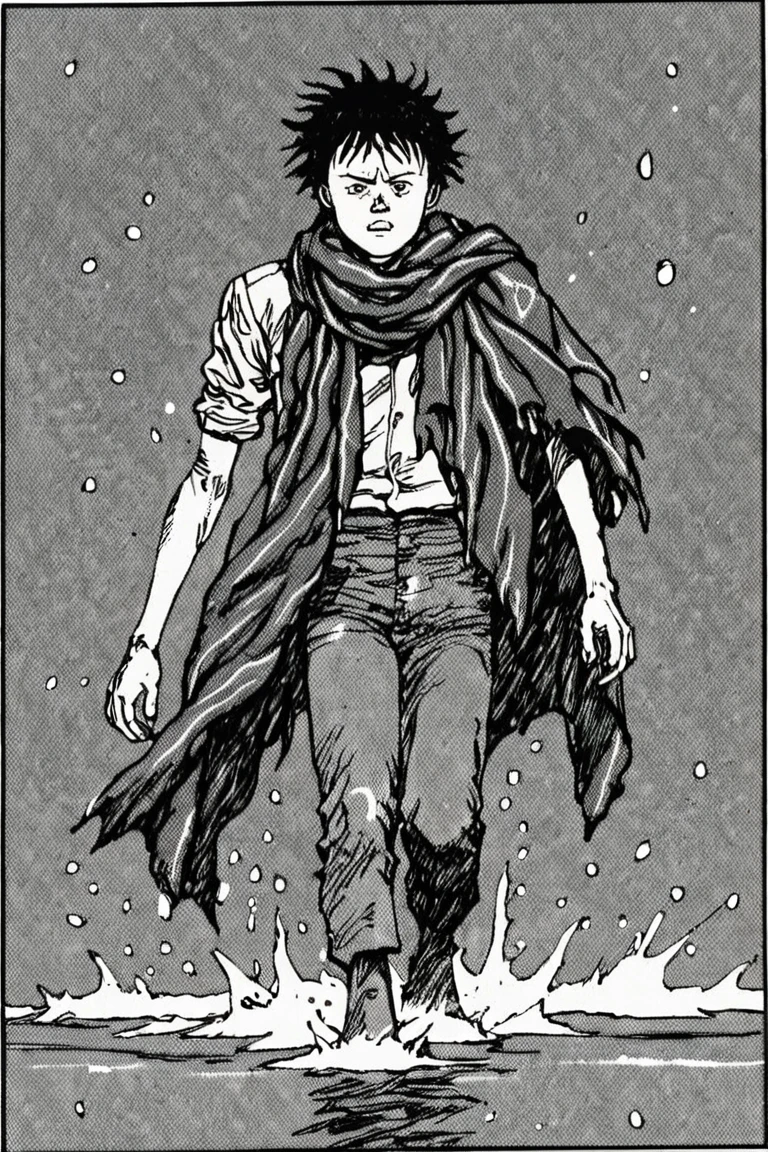 a black and white comic book illustration of a man walking through the water with a ragged scarf , style akirabw <lora:Akira_BW_Comic_Style_XL:1>