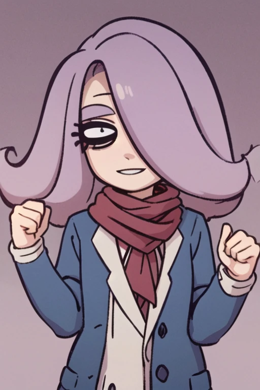 <lora:Vera_beta:0.7> vera_ongezellig, middle length hair, hair over one eye, red scarf, coat, purple hair, standing, anime style, smiling