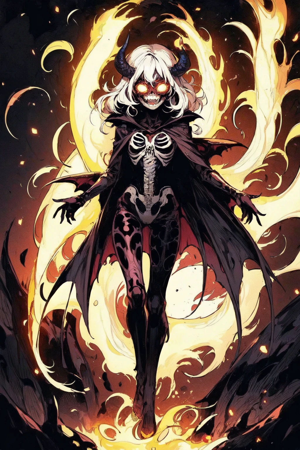 (masterpiece, highres, detailed),full body,fantasy,<lora:colorst>,LSD,colorst,colorful,skeleton,1girl,crazy eyes,crazy smile,sharp teeth,glowing eyes,hair on fire,fire horns,fire wings,forest,forest on fire,lights,butterfly,fire,walking on fire,coming out of the fire,