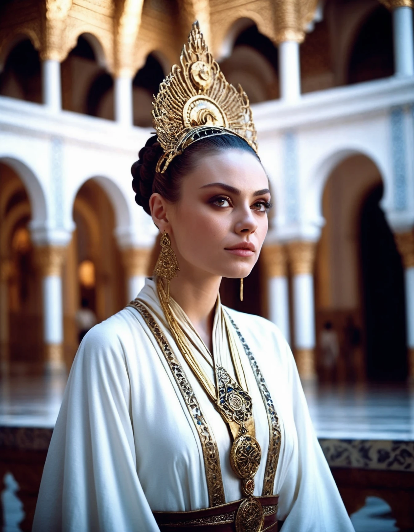 cinematic photo (full height:1.3), a tenacious ((ohwx woman)) As Padmé Amidala. In her Queen of Naboo attire, amidst the royal palace of Theed. Inspired by Krenz Cushart, neoism, kawacy, wlop, gits anime. Intricate hairdo, a gaze full of grace and wisdom. <lora:kunis_dh128_lora_v2b-9k:1.05> . 35mm photograph, film, bokeh, professional, 4k, highly detailed