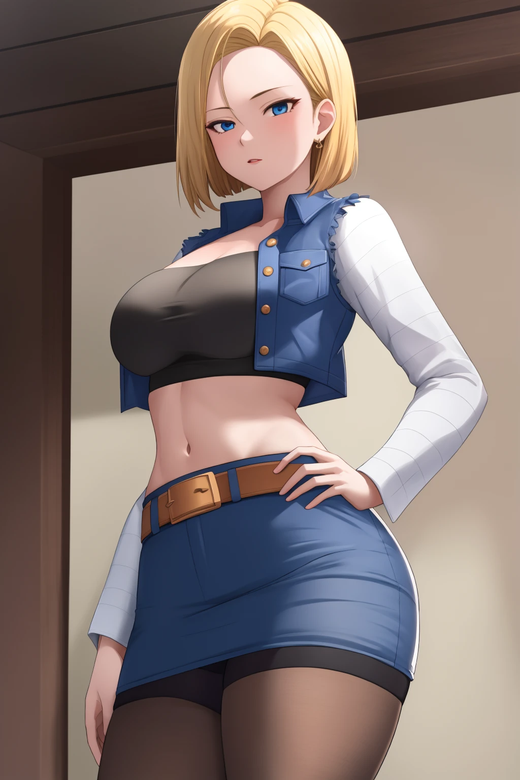 masterpiece, highly detailed CG unified 8K wallpapers, (HQ skin:1.2), 8k uhd, dslr, high quality, mature woman, ju hachi-go, blue skirt and black top, belt, stockings, short hair, blonde hair, beautiful and detailed eyes, beautiful skin, attractive, ultra-high resolution, high-definition, <lora:android18:0.8>