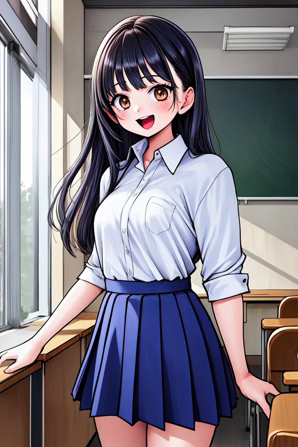 1girl, cowboy shot, classroom, smile, standing, open mouth, 
yamada_anna, brown eyes, black hair, long hair, bangs, school uniform, white shirt, collared shirt, pleated skirt, blue skirt, <lora:yamada_anna_lora_ver1:0.7>, best quality, masterpiece, highres, <lora:GoodHands-vanilla:1>