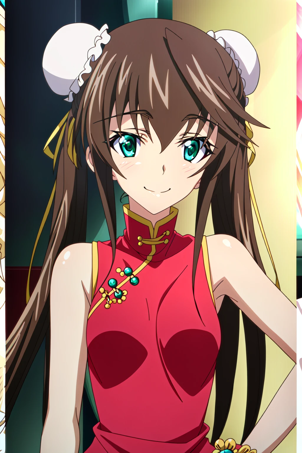 (extremely detailed CG unity 4k wallpaper),(masterpiece),(best quality),(ultra-detailed),(best illustration),(best shadow),(absurdres),(detailed background), <lora:OGT_RIn-v1:1> Huang Lingyin, Rin, 1girl, solo, brown hair, long hair, ribbon, hair ribbon, green eyes, twintails, upper body, china dress, chinese clothes, hand on hip, yellow ribbon, dress, smile, looking at viewer, bracelet, jewelry, double bun, hair bun, sleeveless