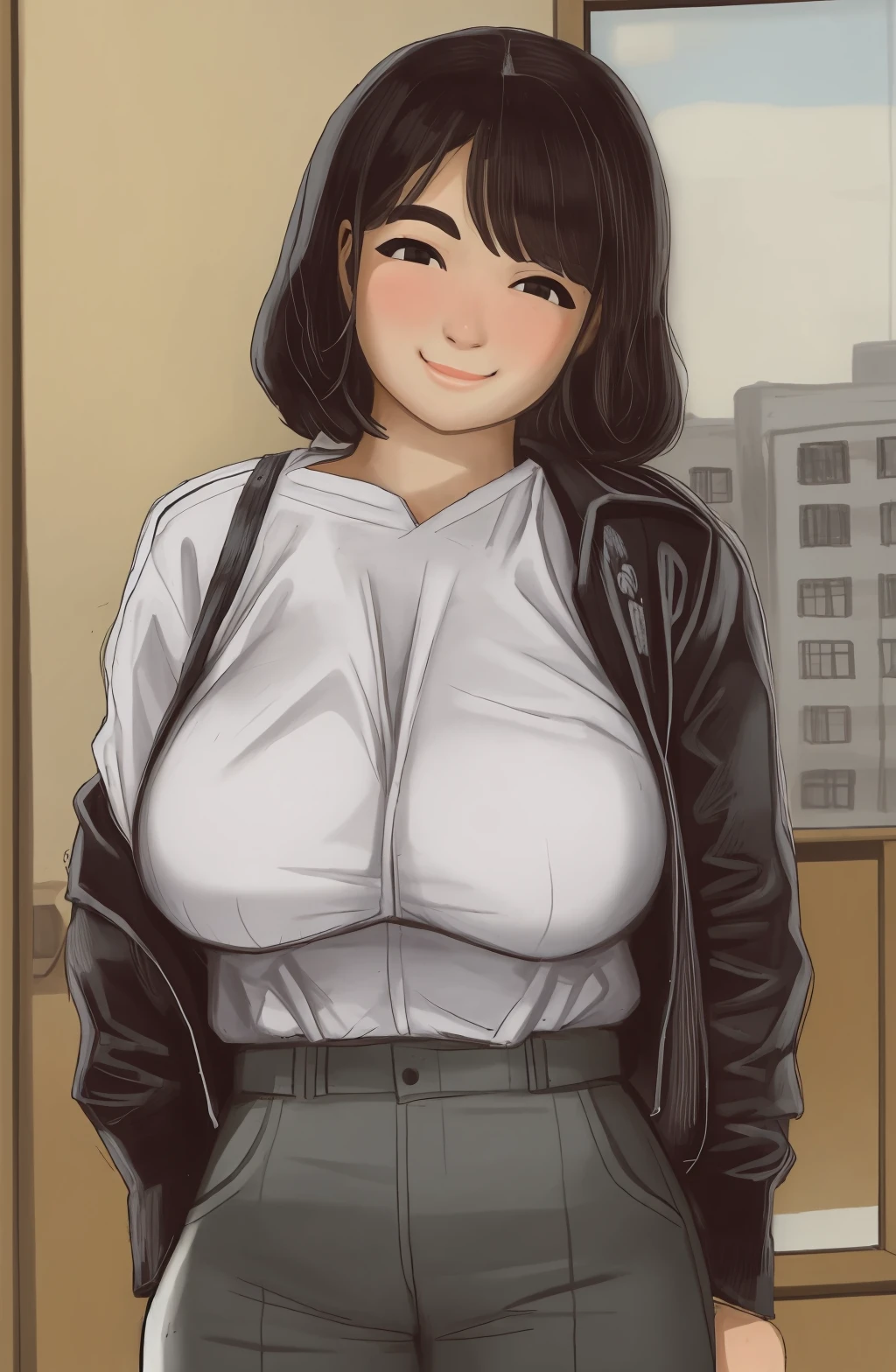 Mossacannibalis,Mossacannibalis Style,Mossacannibalis \(Artist\), 1girl, black eyes, smile, portrait shot, huge sagging breasts, chubby, closed mouth, looking at viewer, short hair, white shirt and a leather jacket, background: indoors, office building interior, <lora:Mossacannibalis-Style_V2:1>
