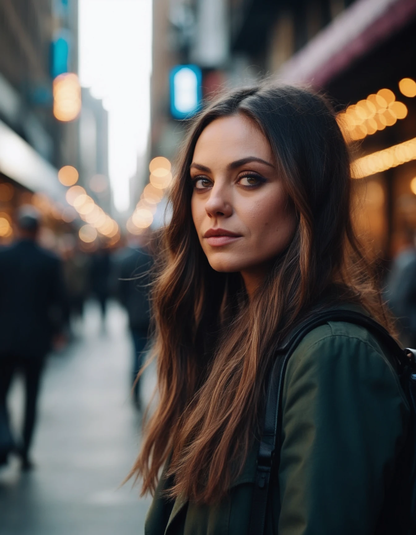 cinematic photo Mid-shot portrait of a beautiful ((ohwx woman)) in her 30s , with long hair, candid street portrait in the style of Martin Schoeller award winning, Sony a7R <lora:kunis_dh128_lora_v2b-9k:1.05> . 35mm photograph, film, bokeh, professional, 4k, highly detailed