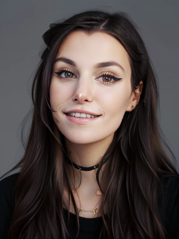 gquality, <lora:marzia-10:1> marzia, 1girl, solo, looking at viewer, smile, simple background, black hair, grey background, portrait, realistic, teeth, eyeliner, parted lips