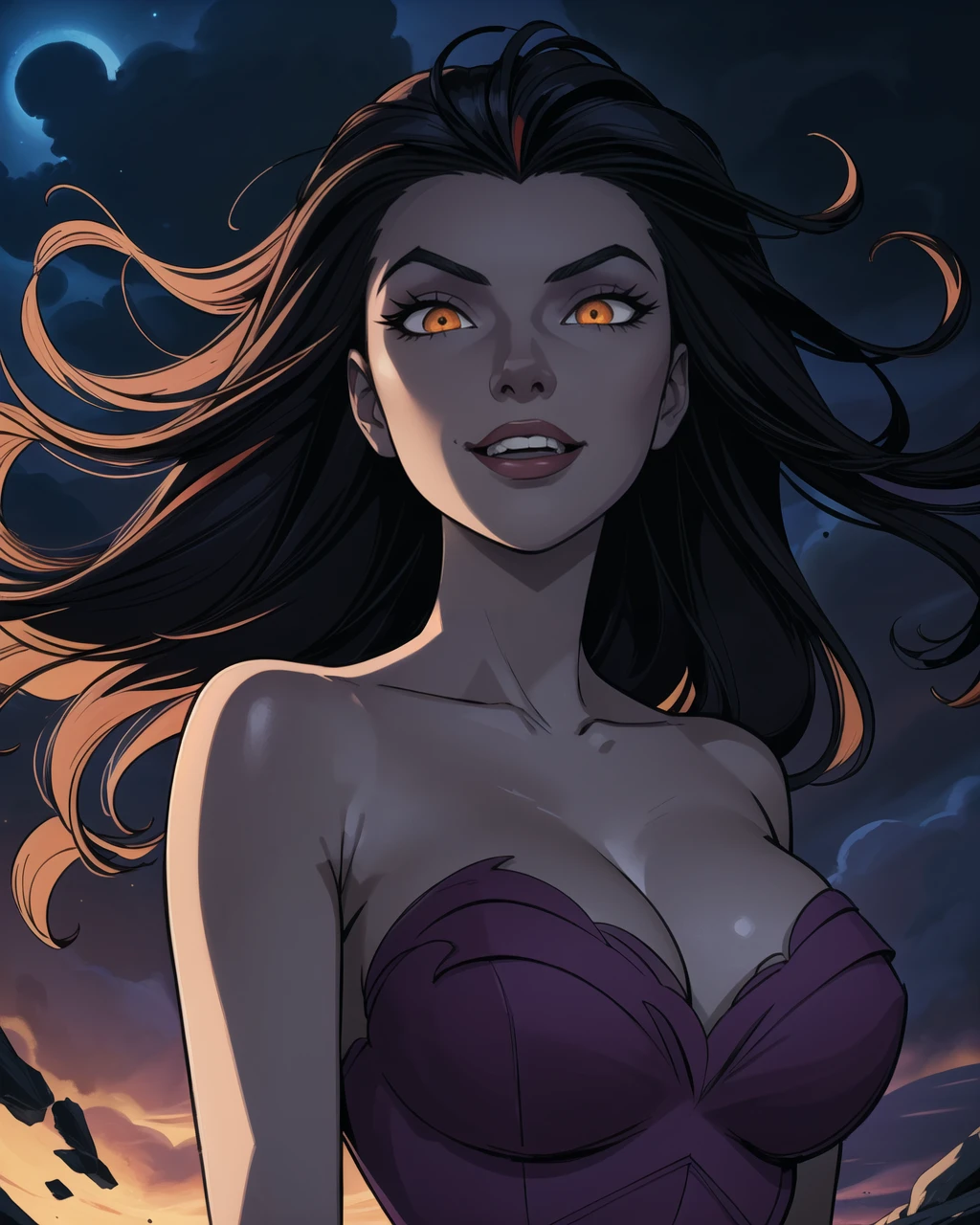 eris_sinbad, 1girl, solo, (masterpiece:1.4),(best quality:1.4),(highres:1.4),absurdres, intricate details,(highly detailed skin:1.2), solo, orange eyes, colored eyes, floating hair, black hair,
(movie composition), amazing composition, depth of field, indirect lighting, ambient lighting, upper body, dress, magic, dynamic pose, evil grin, lipstick,
(movie composition), amazing composition, depth of field, indirect lighting, ambient lighting, (random colors), (dynamic colors), (dynamic weather), cleavage, big breasts, moon,
<lora:eris_v01-000002:0.75>