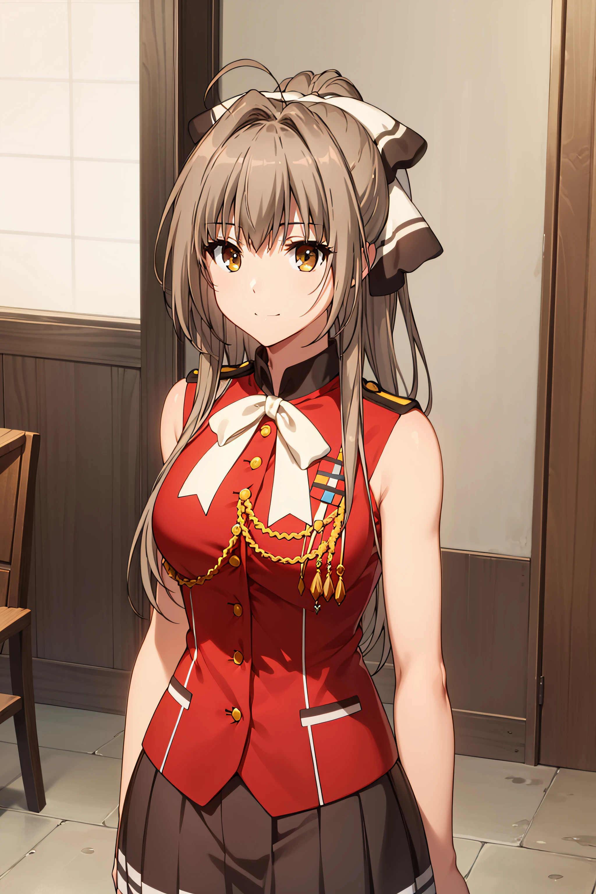 best quality, masterpiece, detailed,
<lora:AmagiBrilliantPark_SentoIsuzu:0.9>, SentoIsuzu,
solo, closed mouth, light smile,
brown hair, brown eyes, long hair, antenna hair, ponytail, hair bow,
SentoVest, red shirt, sleeveless, aiguillette, epaulettes, white bow, black skirt,
standing, looking at the viewer,
indoors
