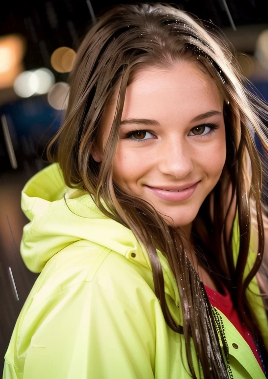 a portrait of a woman outside in a neon city during a rain storm wearing a rain coat, aurorasnow, 1girl,looking at viewer,long hair,brown hair,brown eyes,lips,smile,closed mouth,wet,wet hair,water <lora:aurorasnow:0.4>, realistic, BREAK, [highly detailed], [ultra detailed], [hyperdetailed], BREAK, (ultra realistic) (photo realistic) BREAK