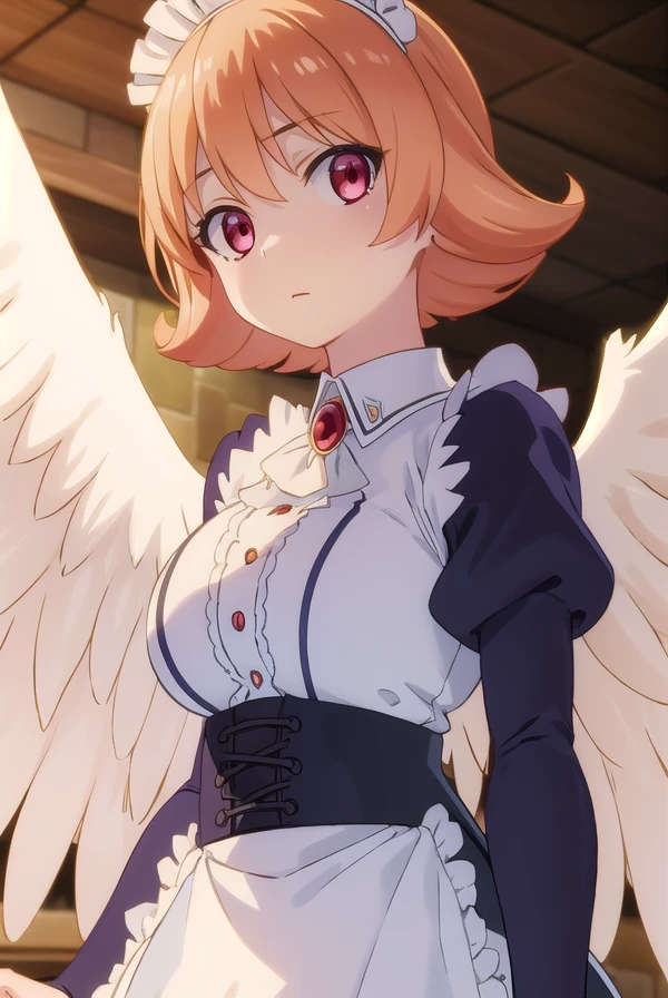 meidri, <lora:meidri s1-lora-nochekaiser:1>,
meidri, short hair, bangs, (red eyes:1.3), orange hair, flipped hair,
BREAK long sleeves, dress, jewelry, frills, wings, puffy sleeves, apron, maid, maid headdress, thigh strap, juliet sleeves, brooch, white apron, feathered wings, maid apron, puffy long sleeves, white wings,
BREAK indoors,
BREAK looking at viewer, (cowboy shot:1.5),
BREAK <lyco:GoodHands-beta2:1>, (masterpiece:1.2), best quality, high resolution, unity 8k wallpaper, (illustration:0.8), (beautiful detailed eyes:1.6), extremely detailed face, perfect lighting, extremely detailed CG, (perfect hands, perfect anatomy),