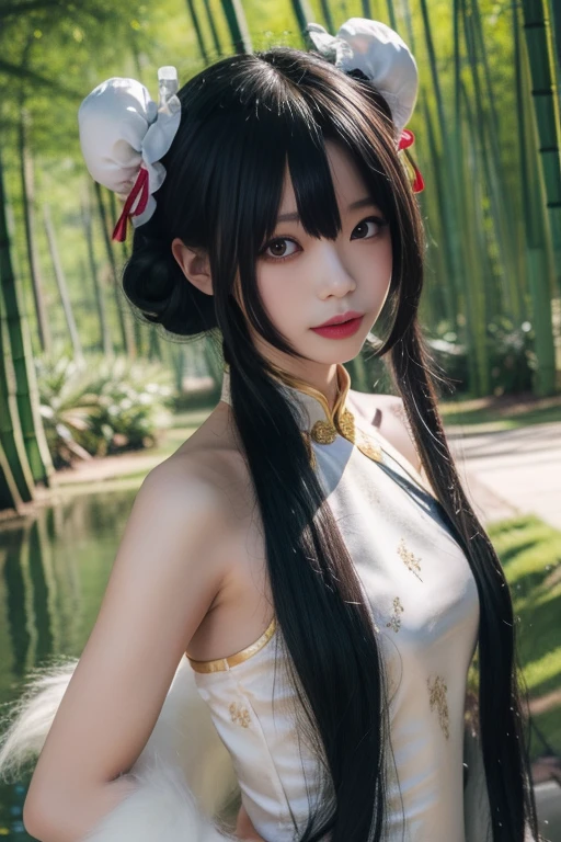 ltra-detailed,highly detailed,best quality,masterpiece,illustration,realistic,photorealistic,
tokisaki kurumi, 1girl, solo,
bare shoulders, chinese clothes, china dress, fur trim shawl,
hair over one eye, long hair, double bun, hair bun, bun cover,
looking at viewer, upper body,
outdoors,photo background,flower, bamboo forest, river,grass,path,
<lora:tokisaki kurumi_v5_04:0.7>