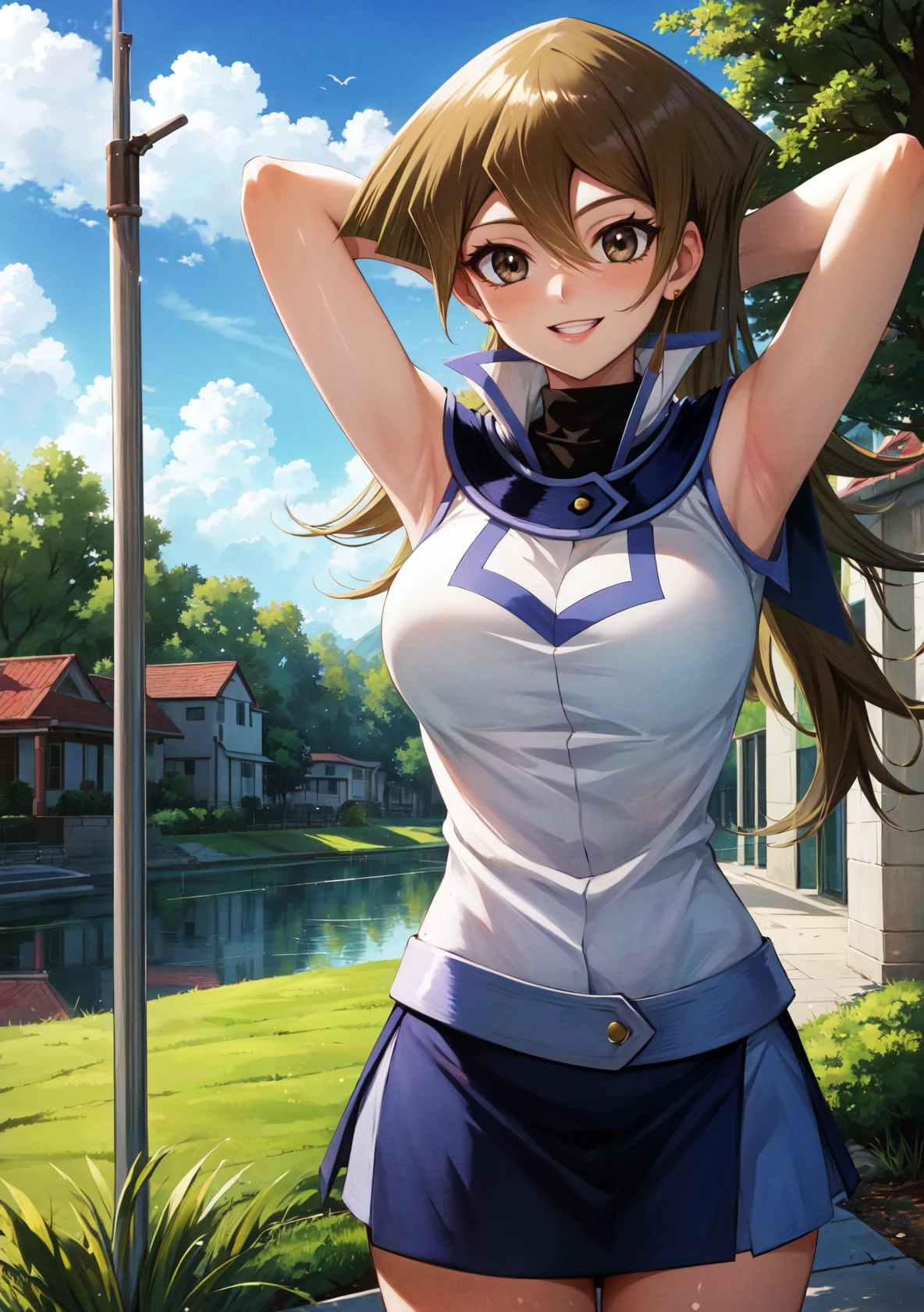 masterpiece, best quality, highres,
TenjouinAsukaDef, 1girl, solo, long hair, smile ,bangs, blonde hair, large breasts, brown hair, hair between eyes, brown eyes, very long hair, straight hair,
breasts, skirt, shirt, bare shoulders, school uniform, white shirt, sleeveless, shiny, belt, miniskirt, shiny hair, blue skirt, sleeveless shirt, turtleneck, duel academy uniform (yu-gi-oh! gx), tenjouin asuka,
<lora:LoRA_Tenjouin:1>, cowboy shot, looking at viewer, arms behind head, forest, sunlight, cloudy, laughing,