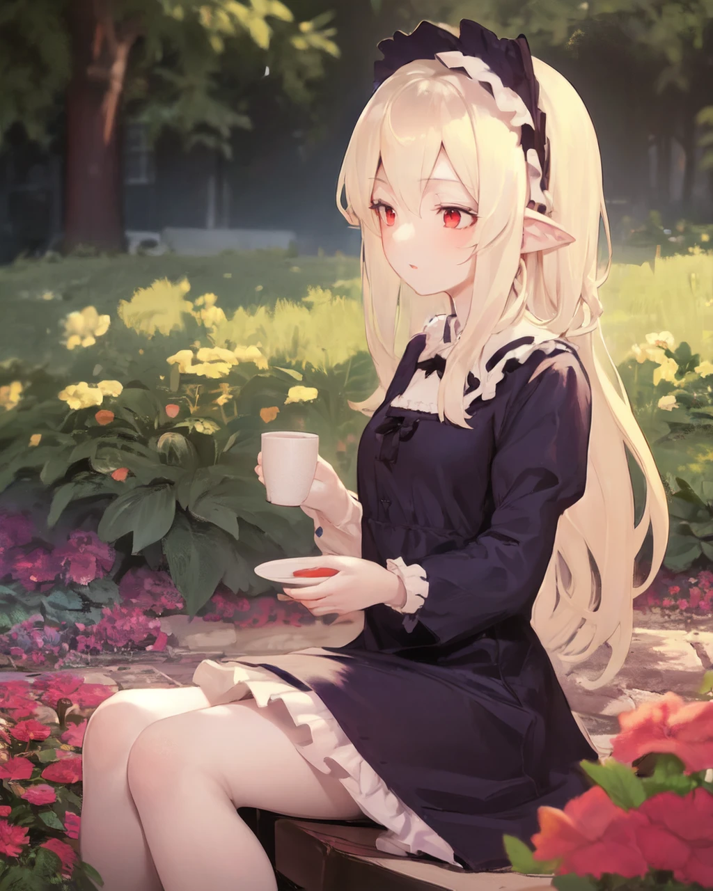<lyco:Asutora-NAI-LyCORIS-512px:1>
1girl, solo, sitting, drinking tea, wearing frilly dress, in garden, pointy ears, red eyes