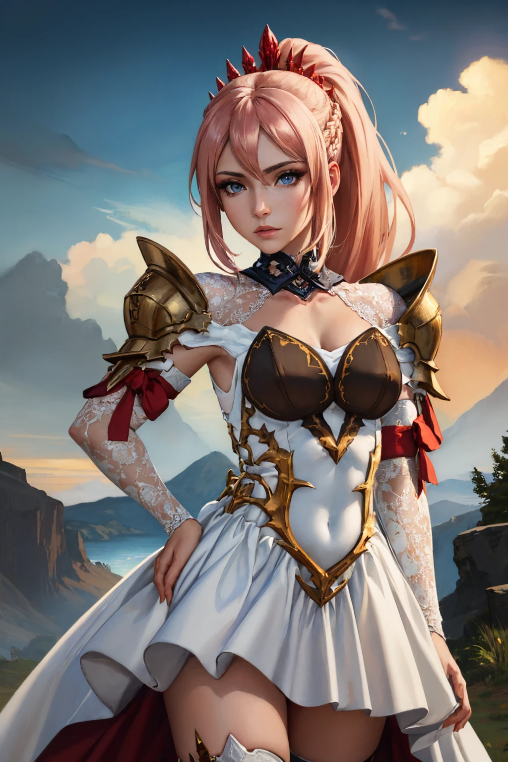 (masterpiece, best quality:1.2), solo, 1girl, shionne, expressionless, looking at viewer, hand on hip, braid, ponytail, white dress, shoulder armor, pauldrons, white thighhighs <lora:tales_shionne:1>