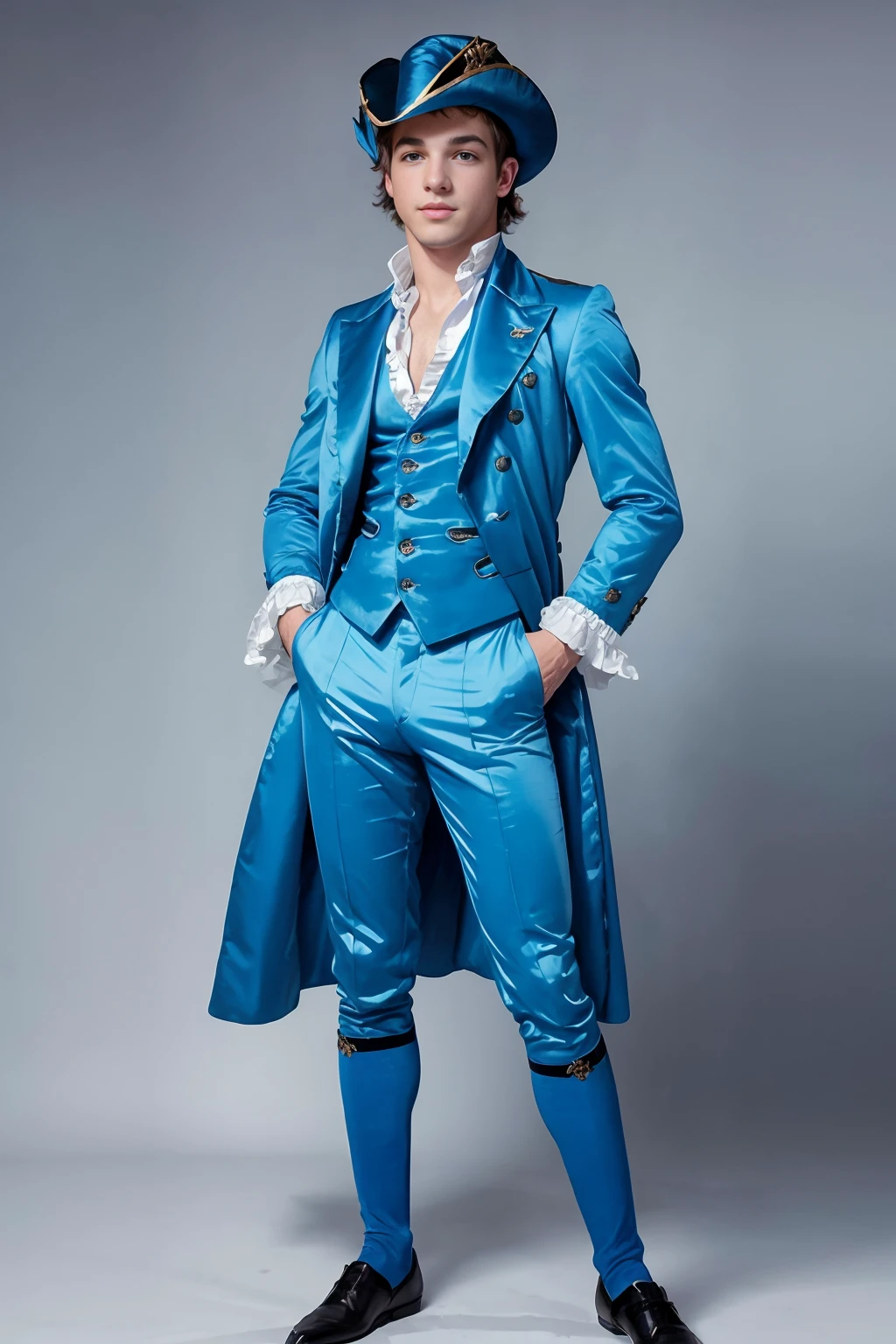 (painted by Thomas Gainsborough), JohnnyRapid dressed as The Blue Boy in Thomas Gainsborough's (The Blue Boy), ((full body portrait)), wide angle <lora:JohnnyRapid:0.8>