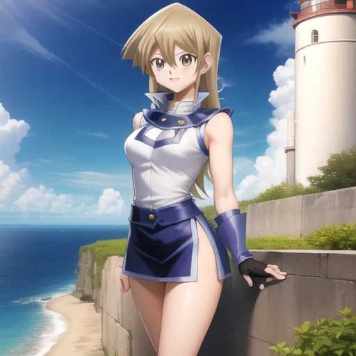 ((masterpiece)),(best quality),official art,extremely detailed CG,unity 8k wallpaper,ultra detailed,A lighthouse on a cliff by the sea,1girl,solo,cowboy shot,looking at viewer,tenjouin asuka,duel academy uniform (yu-gi-oh! gx),long hair,smile,fingerless gloves,brown eyes,sleeveless,blonde hair,blue skirt,blue gloves,medium breasts,miniskirt,shiny hair,school uniform,brown hair,hair between eyes,blue footwear,<lora:Tenjoin Asuka(ygo)>,