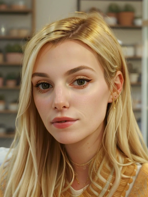 gquality, <lora:marzia-10:1> marzia, 1girl, solo, blonde hair, closed mouth, indoors, blurry background, portrait, realistic, looking down