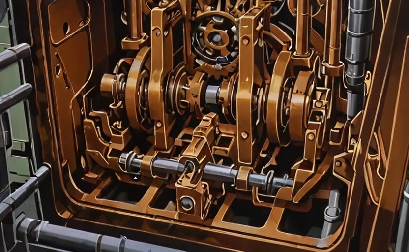 a frame of a animated film of   inside a mechanical machine, Medium Brown, displays, style akirafilm <lora:Akira_Film_Style_XL:1>