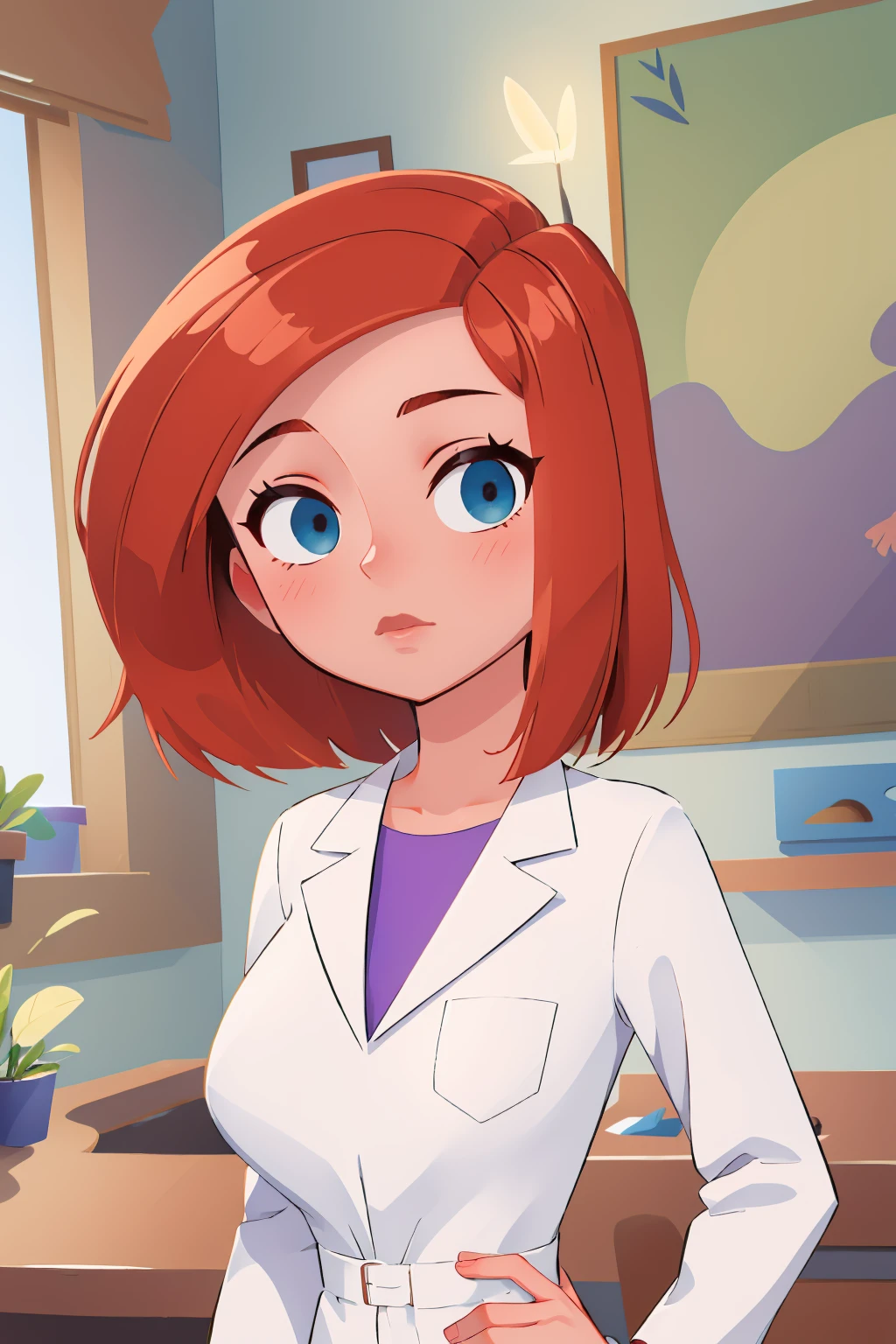(masterpiece, best quality:1.2), <lora:annpossible:1>, annpossible, 1girl, solo, looking at viewer, labcoat, large breasts, shirt,