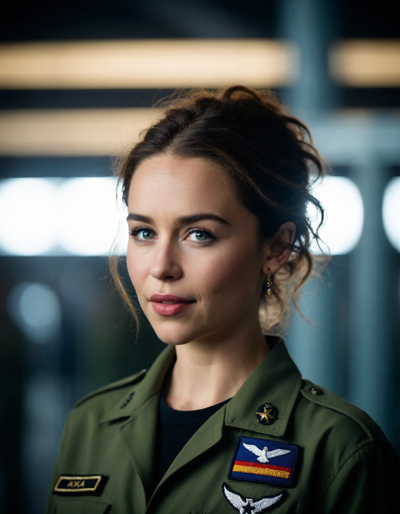 cinematic photo professional close-up portrait photography of the face of a beautiful (((ohwx woman))) at military base during Early morning, Nikon Z9 <lora:emilia_dh128_lora_v2:1> . 35mm photograph, film, bokeh, professional, 4k, highly detailed