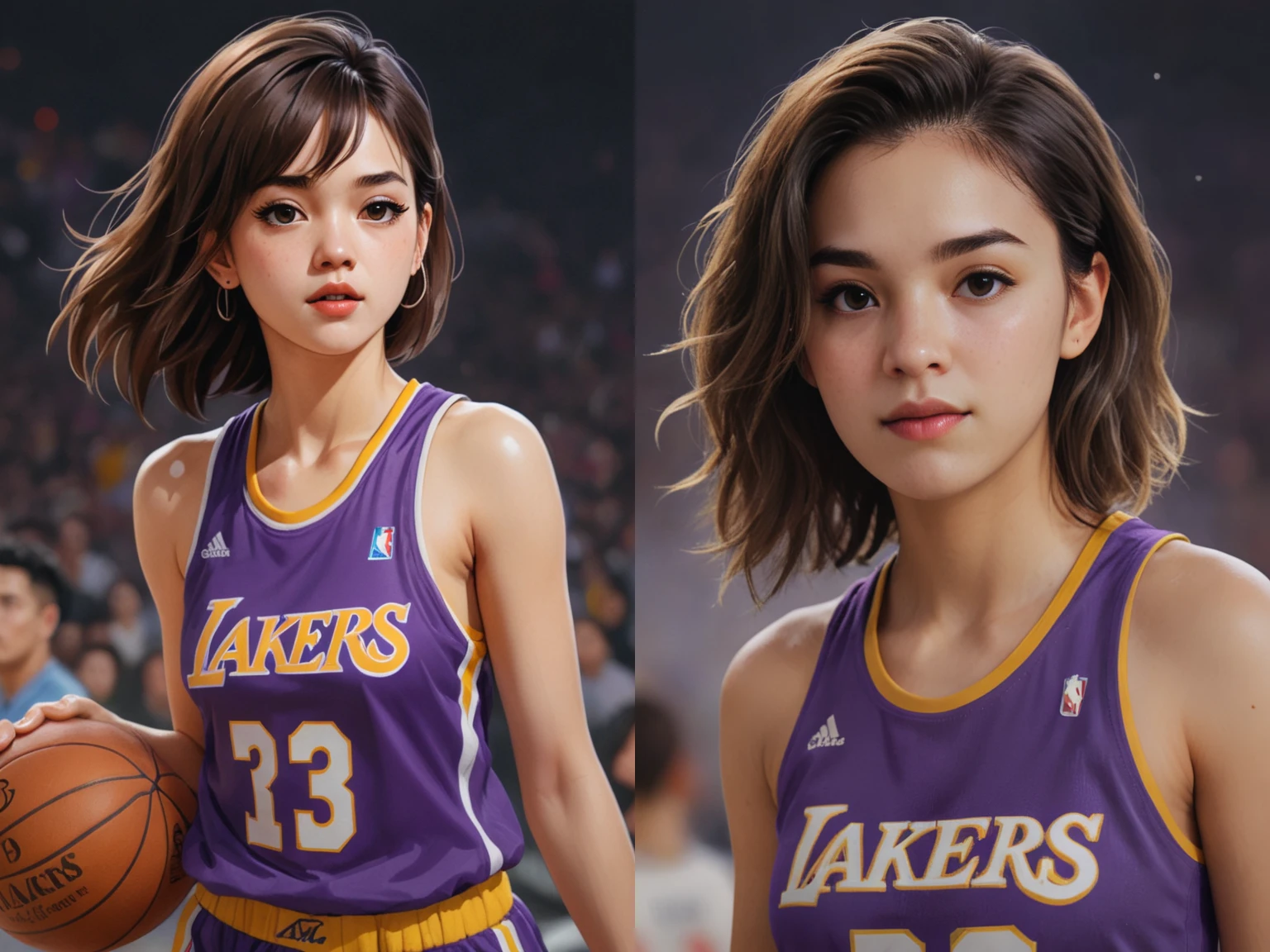 a <lora:RMSDXL_Photo:3> a ultradetailed beautiful panting of a stylish girl in a los angeles lakers jersey, by conrad roset, greg rutkowski and makoto shinkai, trending on artstation