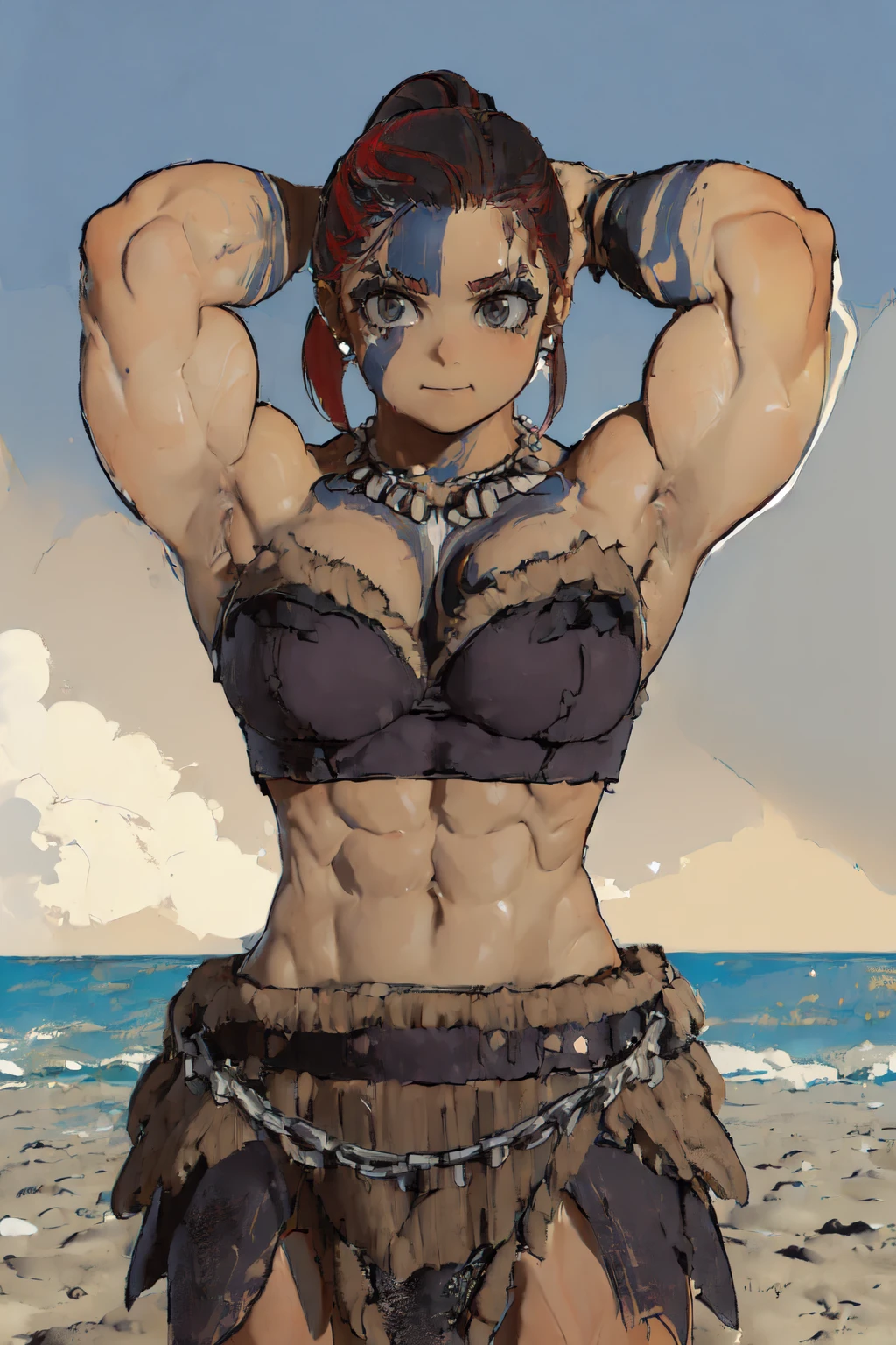 (((upper body, muscle posing, dynamic, on the beach, arms up pose:1.2)))<lora:D4FemBarbLoRA:1> fembarbarian, ponytail, tattoos, skirt, chains, top, shoes, beautiful eyes, beautiful girl, high detail skin, high detail eyes, high detail hair, highres, ultra detailed, sharpen picture, Highly detailed, masterpiece, best quality, photorealistic, smile