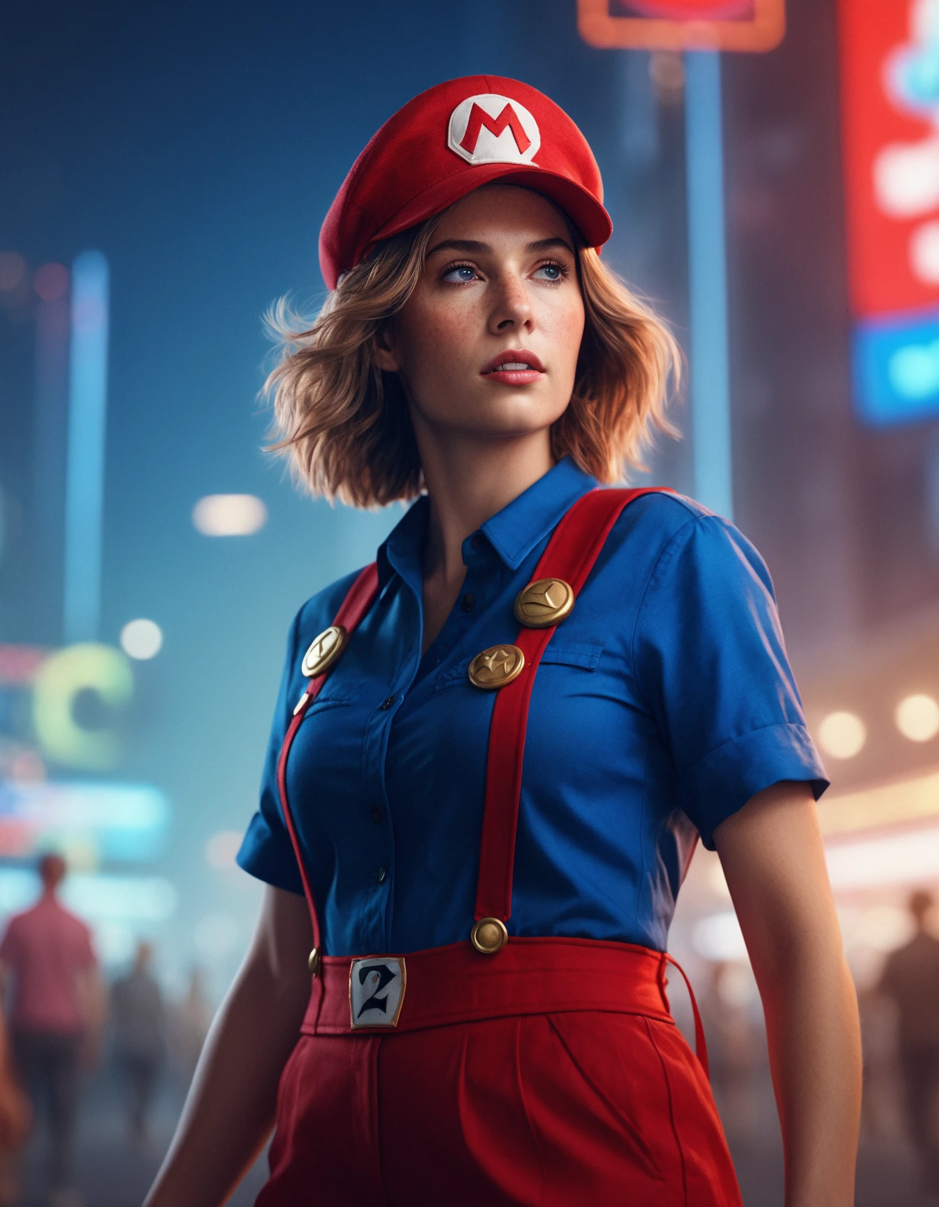 cinematic photo Portrait of ((ohwx woman)) as super Mario, red hat, fantasy, highly detailed, digital painting, artstation, concept art, sharp focus, illustration, art by Tony Sart and artgerm and randy vargas <lora:maya_dh128_v1-step00015000:1> . 35mm photograph, film, bokeh, professional, 4k, highly detailed