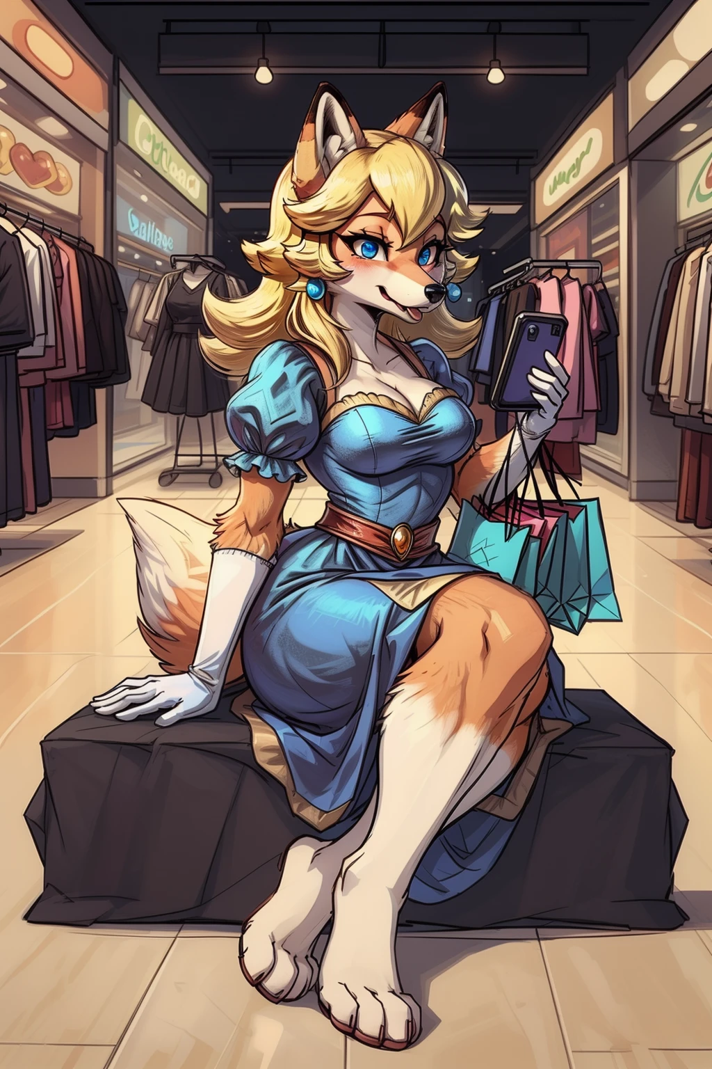 anime style, anime eyes, simple shading, black outlines
BREAK
<lora:foxy peach:0.8>, foxy peach, sitting on chair, shopping bags on floor, blue dress, white gloves, eyes half open, tongue out, holding smartphone
BREAK
shopping mall setting