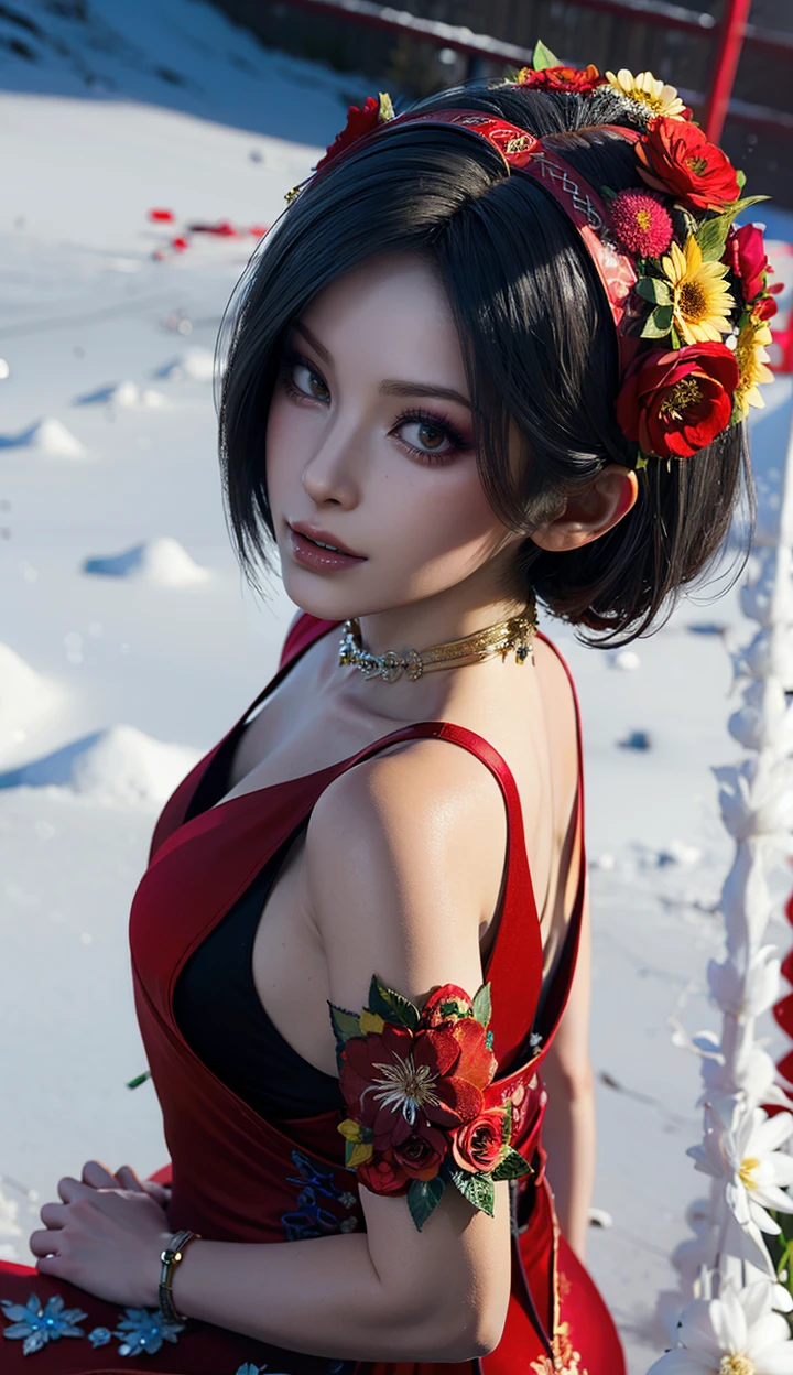 masterpiece,highres,1girl,solo,sfw,<lora:add_detail:0.3>,looking_away,long legs,thighhighs,ada wang,<lora:adawang-000005:0.75>,((beautiful Dress+stocking):1.25),((flower headdress:1.45)),((red theme:1.5)),snow,outdoors,snowflakes,sleeveless,3D graphics,