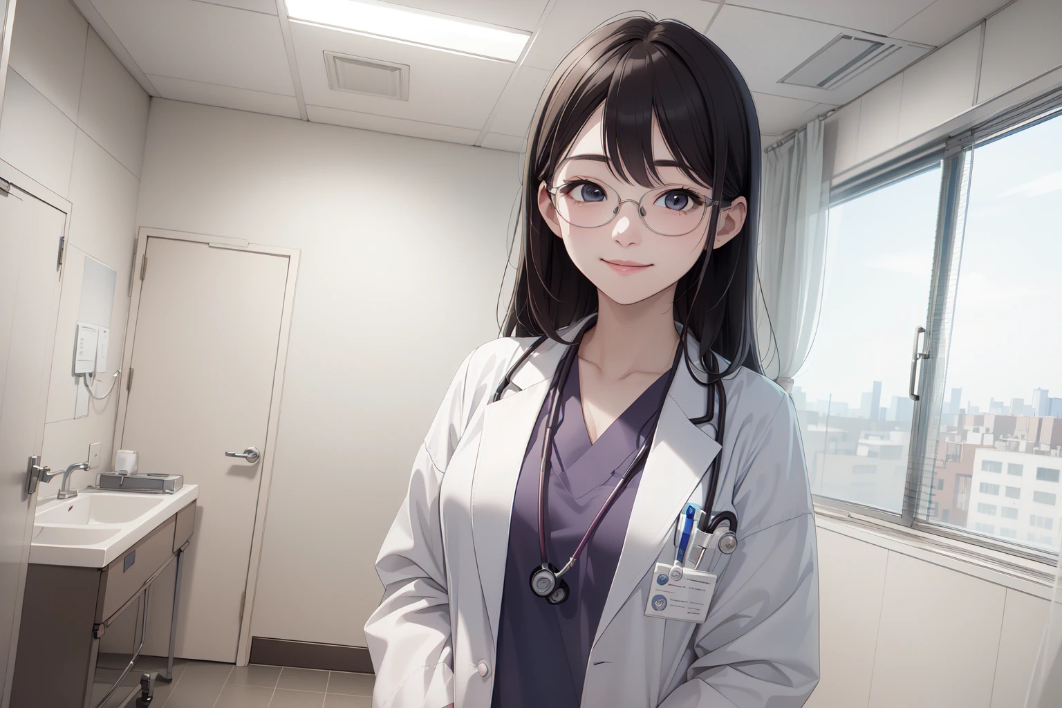 (RAW photo, best quality),  masterpiece, light smile, natural lighting, 1girl, 
labcoat over scrubs, hospital exam room, stethoscope, glasses
<lora:LabcoatOverScrubs1_1:1>