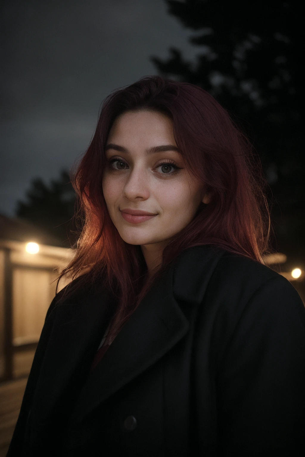 a portrait photo of katerino, portrait photography in the style of Alessio Albi and Jessica Kobeissi,  3 point warm light diffuser, red hair, sharp back lighting, late evening, party, dark, raining, (grin:0.75), wearing black coat, a close up RAW format high quality photograph, canon eos r5,  <lora:katerino:0.83>