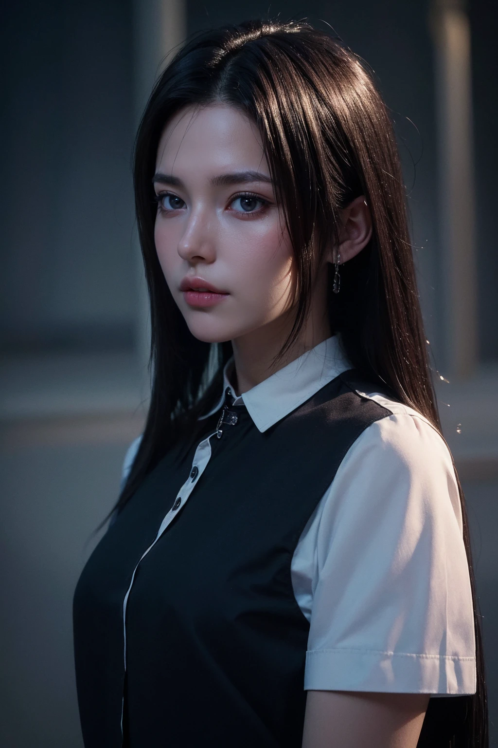 (best quality:1.4),(masterpiece:1.4),(photorealistic:1.4),(Realistic:1.2),(ultra high res, raw photo:1.4),(hdr, hyperdetailed:1.2),(8K:1.2),cinematic photo 1girl,<lora:Again_Girl_A6:0.9>,(collared shirt:1.4),(black long straight hair:1.2),