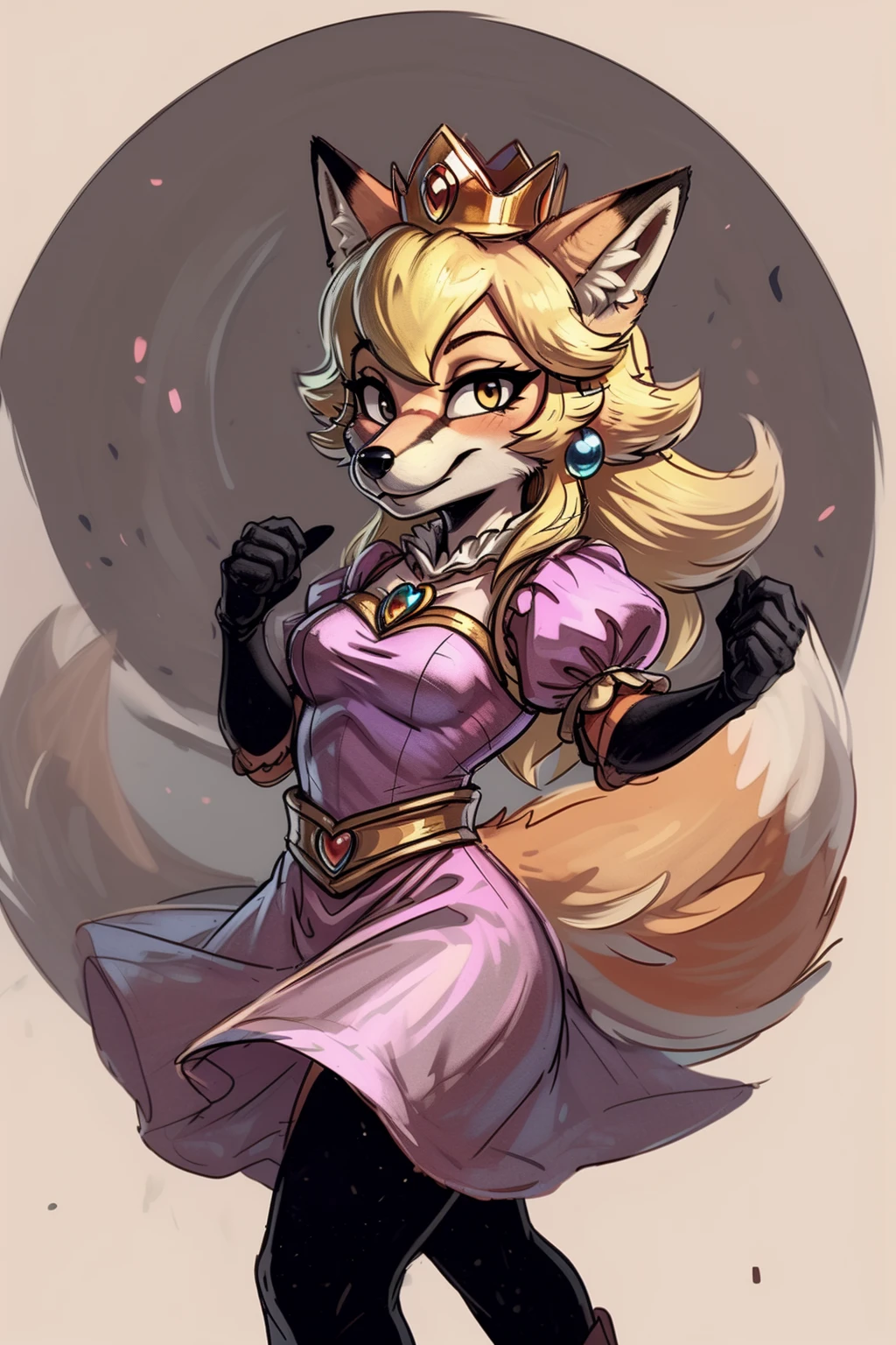 anime style, simple colors, black outline
BREAK
<lora:foxy peach:1>, foxy peach, dynamic pose, pink dress, crown, goofy smile
BREAK
medieval setting