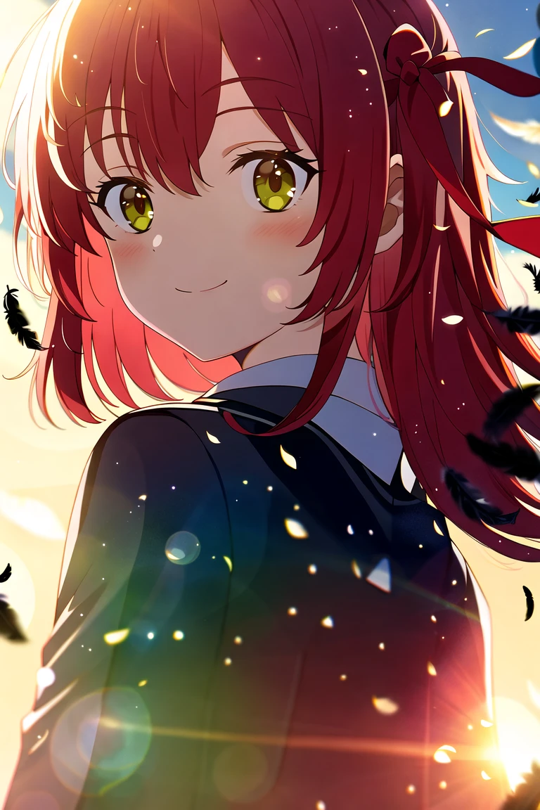 highres, high quality, 1girl, kita ikuyo, upper body, smile, looking at viewer, looking back, lycoris uniform, red dress, night, butterfly, feathers, depth of field, chromatic aberration, lens flare