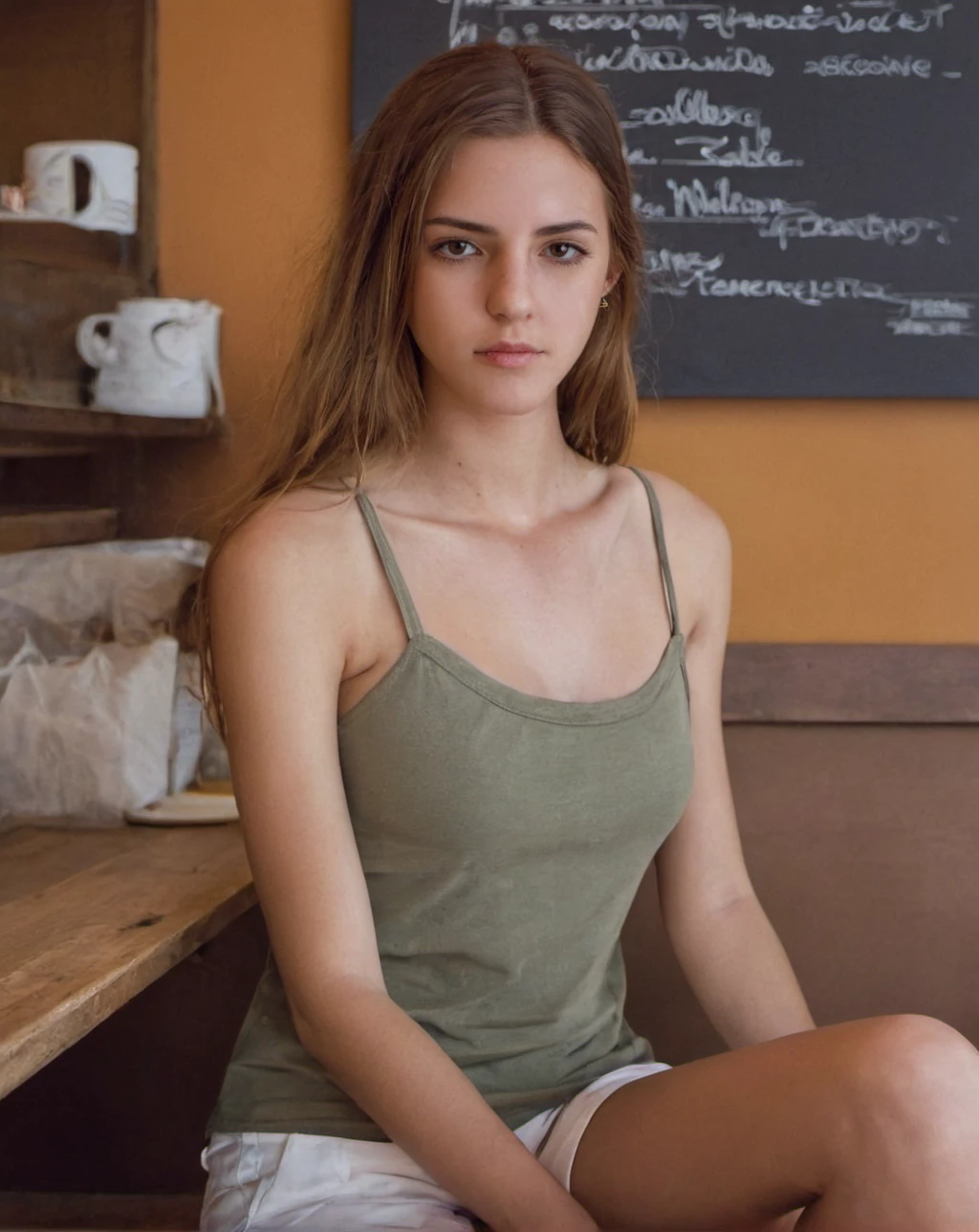 woman sitting in a cafe, <lora:sdxl_em_128dim:.9>