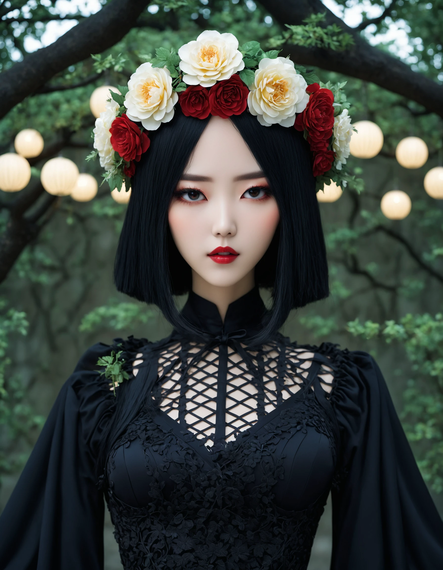 cinematic photo anime artwork anime artwork cinematic photo Gothic style.Hyperrealistic art a woman in a black dress and a flower crown, japanese gothic, takato yamamoto aesthetic, by Rysei Kishida, by Otake Chikuha, eiko ishioka, serge lutens, by Yuko Tatsushima, hana yata, by Yuki Ogura, natalie shau, by Kan Sanraku . Extremely high-resolution details, photographic, realism pushed to extreme, fine texture, incredibly lifelike . 35mm photograph, film, bokeh, professional, 4k, highly detailed . anime style, key visual, vibrant, studio anime,  highly detailed, white rose . anime style, key visual, vibrant, studio anime,  highly detailed . 35mm photograph, film, bokeh, professional, 4k, highly detailed